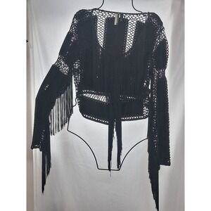 TOPSHOP Black Crochet and Suede Fringe Long Sleeve Jacket Festival Boho